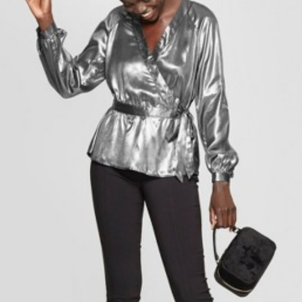⭕5/$25⭕New! WhoWhatWear Metallic Wrap Blouse - Picture 2 of 8